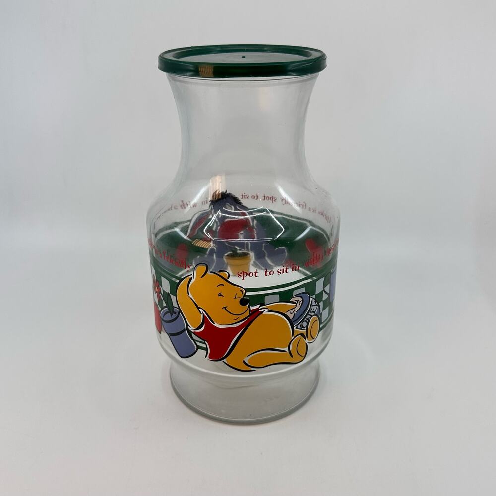 Anchor Hocking Winnie The Pooh Juice Carafe Glass Pitcher Green Lid Disney Glass